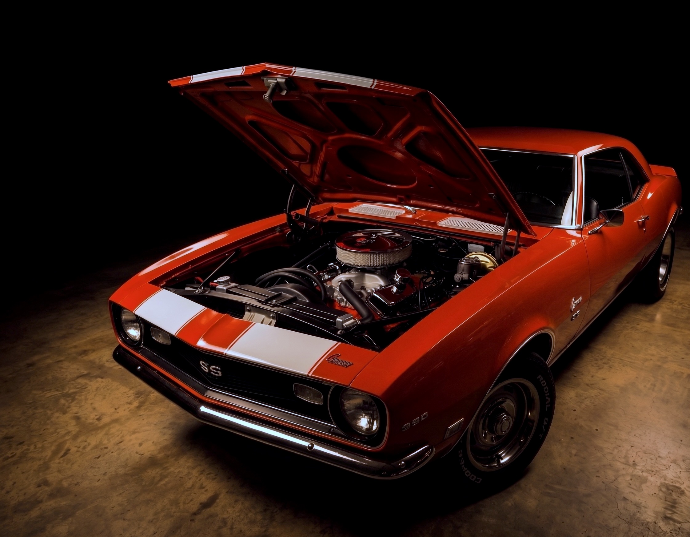 Orange Chevrolet Camaro muscle car with an eV8 electric V8 conversion