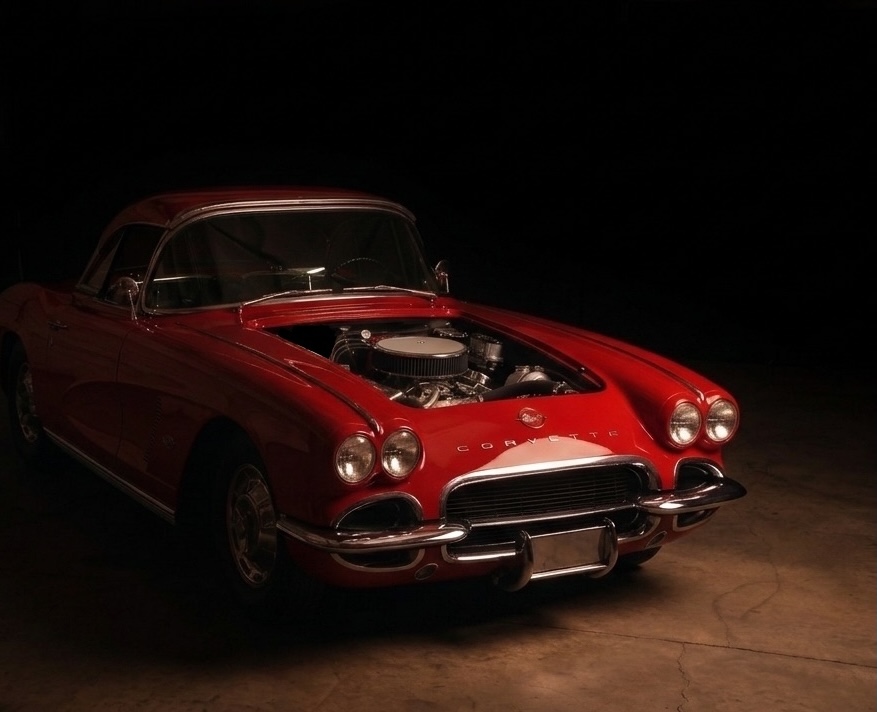 Red 1950s Chevrolet classic car converted with the eV8 electric small block